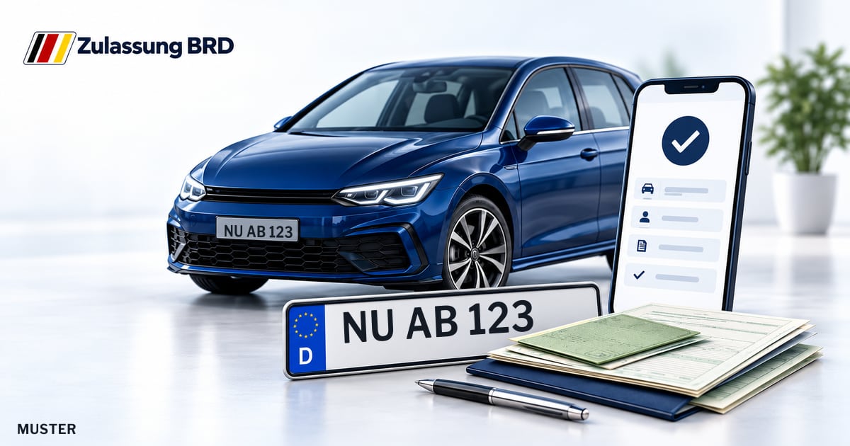 Online Fahrzeugzulassung in Weißenhorn: Musterkennzeichen NU AB 123, Auto und Fahrzeugpapiere und Smartphone. Illustration mit Logo von Zulassung BRD.